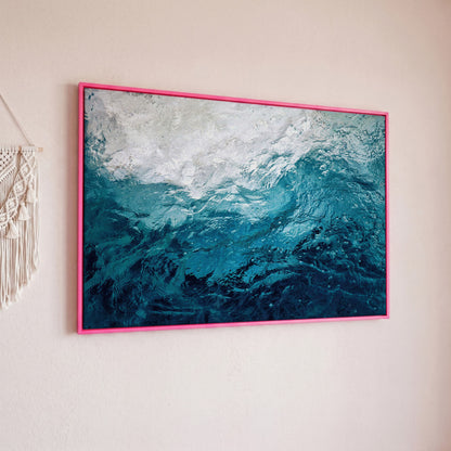 Abstract Ocean Wave Canvas Art, Deep Sea Blues in pink floating frame