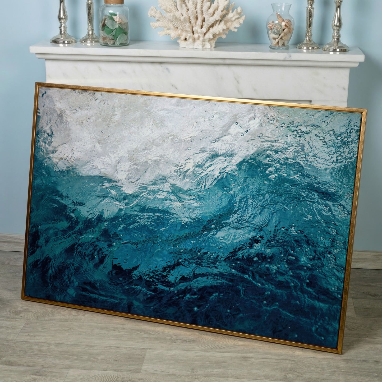 Abstract Ocean Wave Canvas Art, Deep Sea Blues in rose gold floating frame