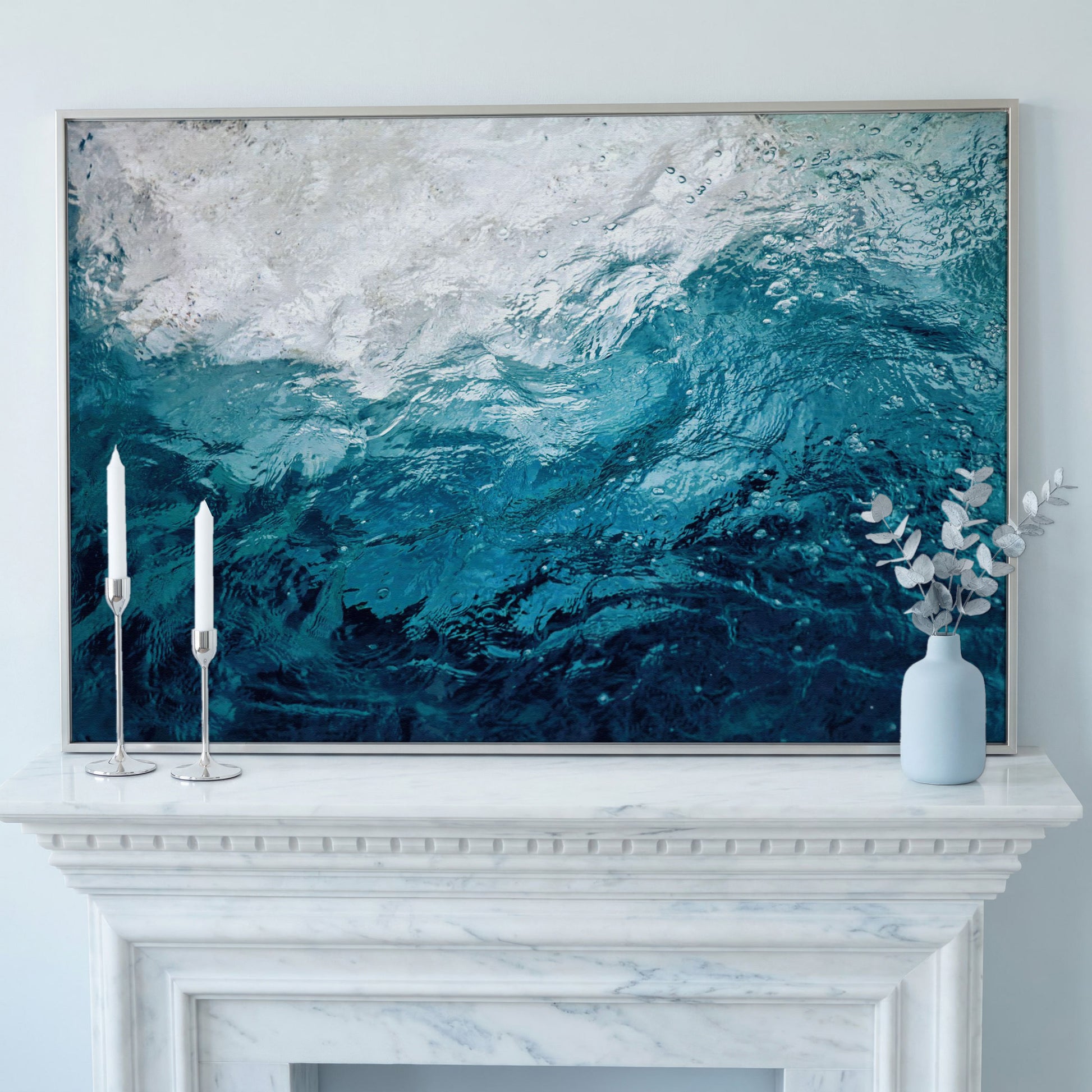Abstract Ocean Wave Canvas Art, Deep Sea Blues in silver floating frame