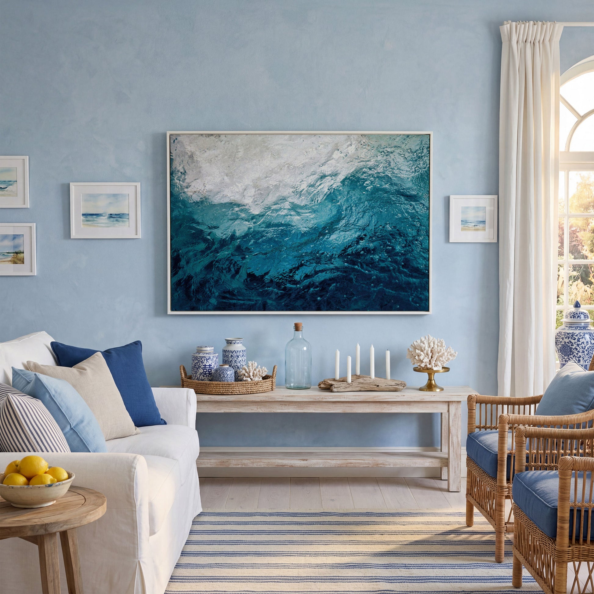 Abstract Ocean Wave Canvas Art, Deep Sea Blues in white floating frame