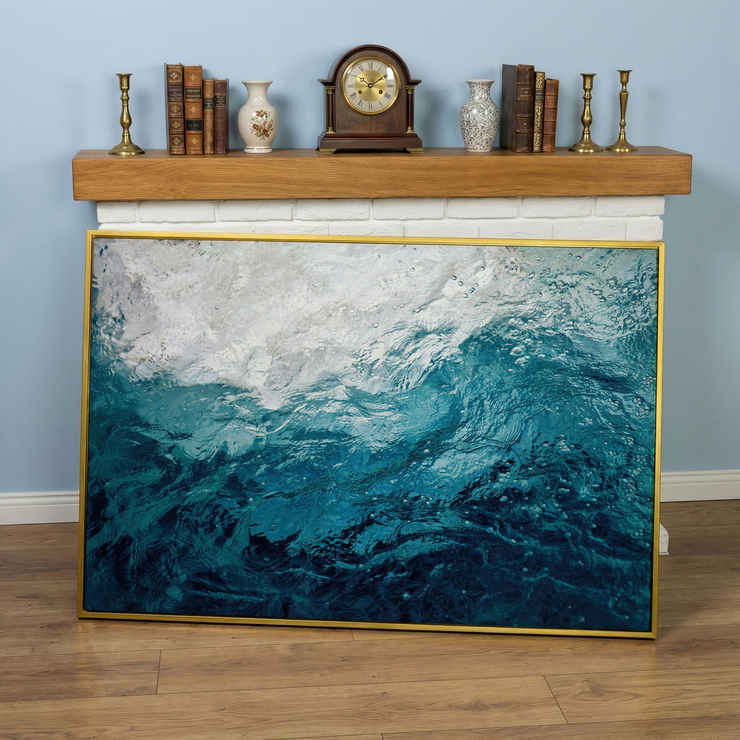 Abstract Ocean Wave Canvas Art, Deep Sea Blues in yellow gold floating frame