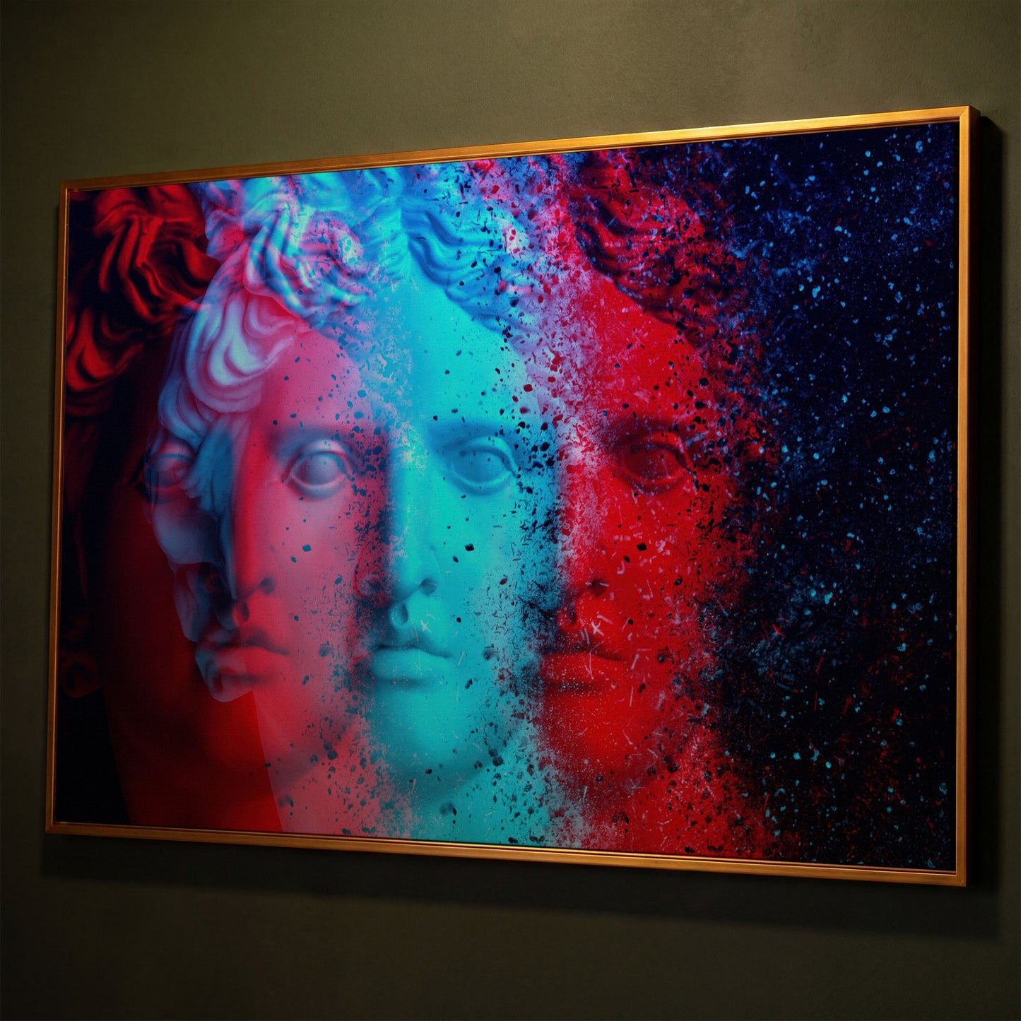 Apollo Belvedere Glitch Art Canvas shown in antique gold floating frame