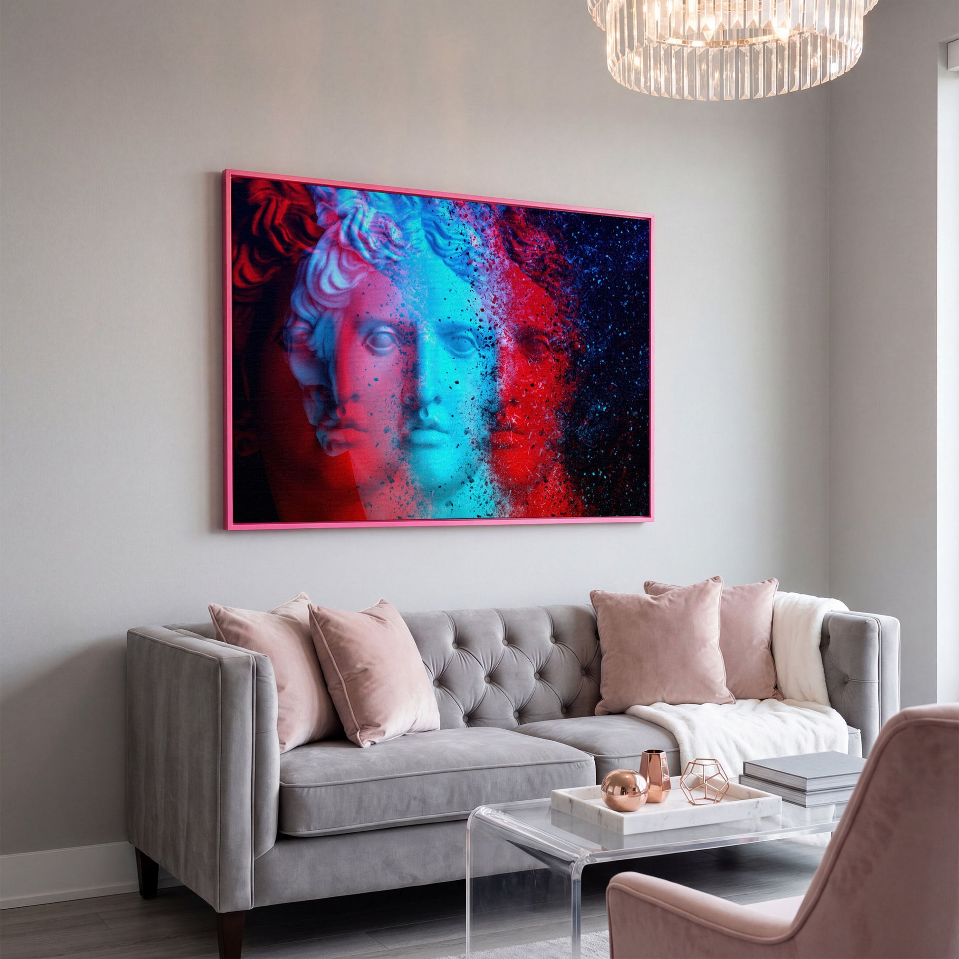 Apollo Belvedere Glitch Art Canvas in pink floating frame