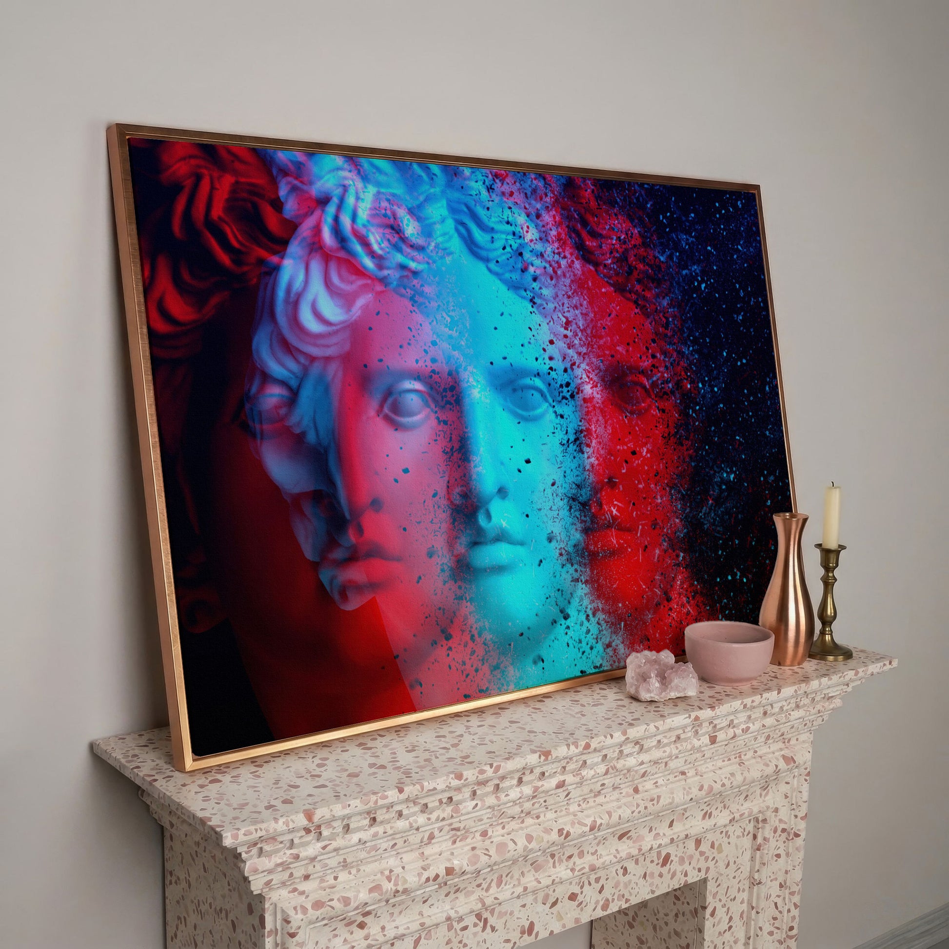 Apollo Belvedere Glitch Art Canvas in rose gold floating frame