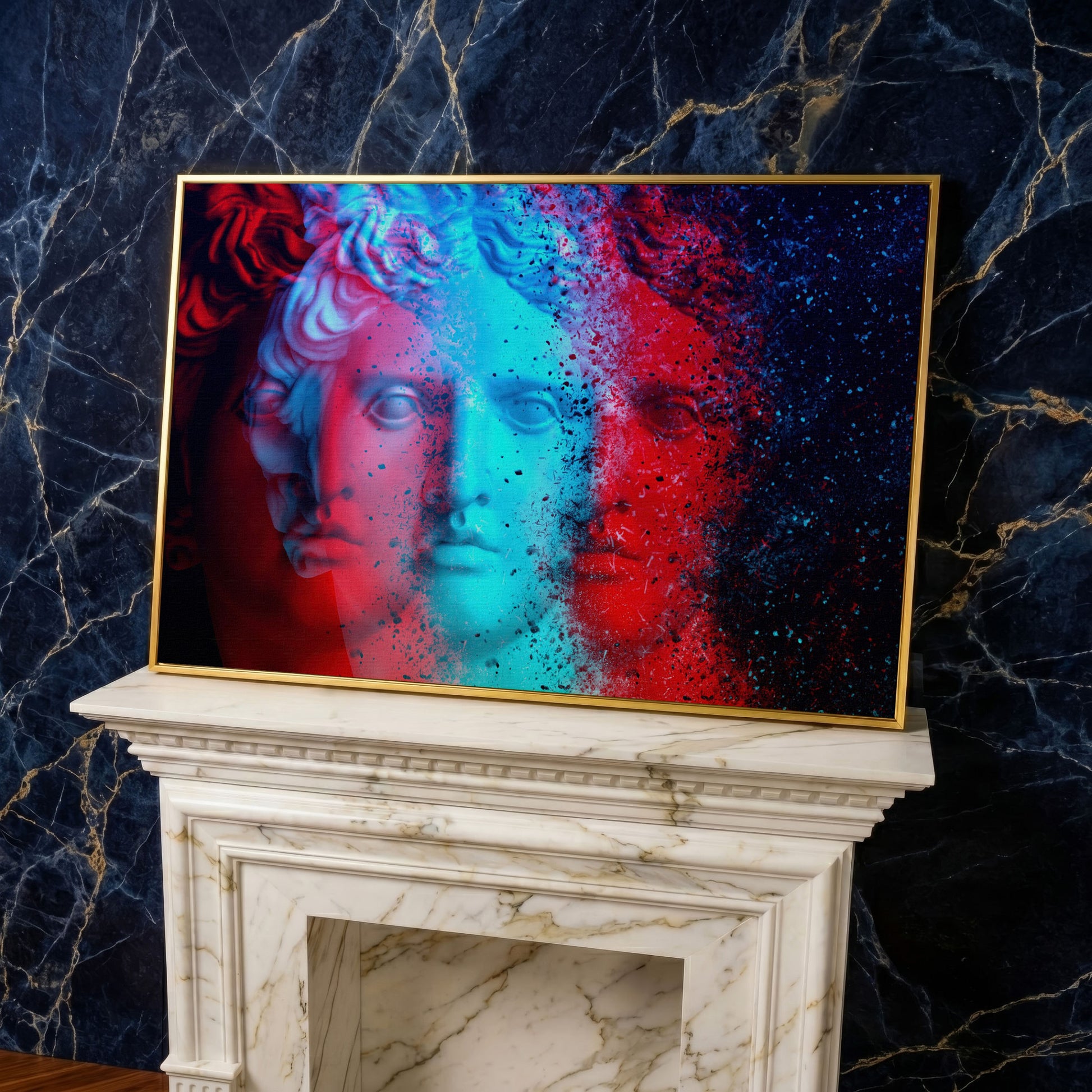Apollo Belvedere Glitch Art Canvas in yellow gold floating frame