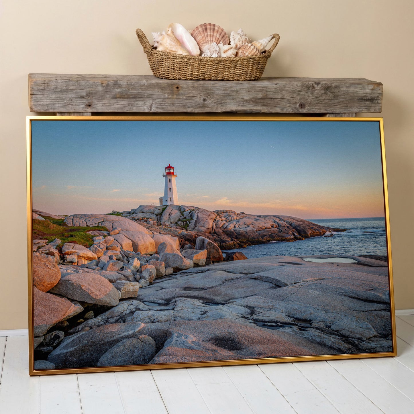 Peggy's Cove Lighthouse Canvas in antique gold floating frame