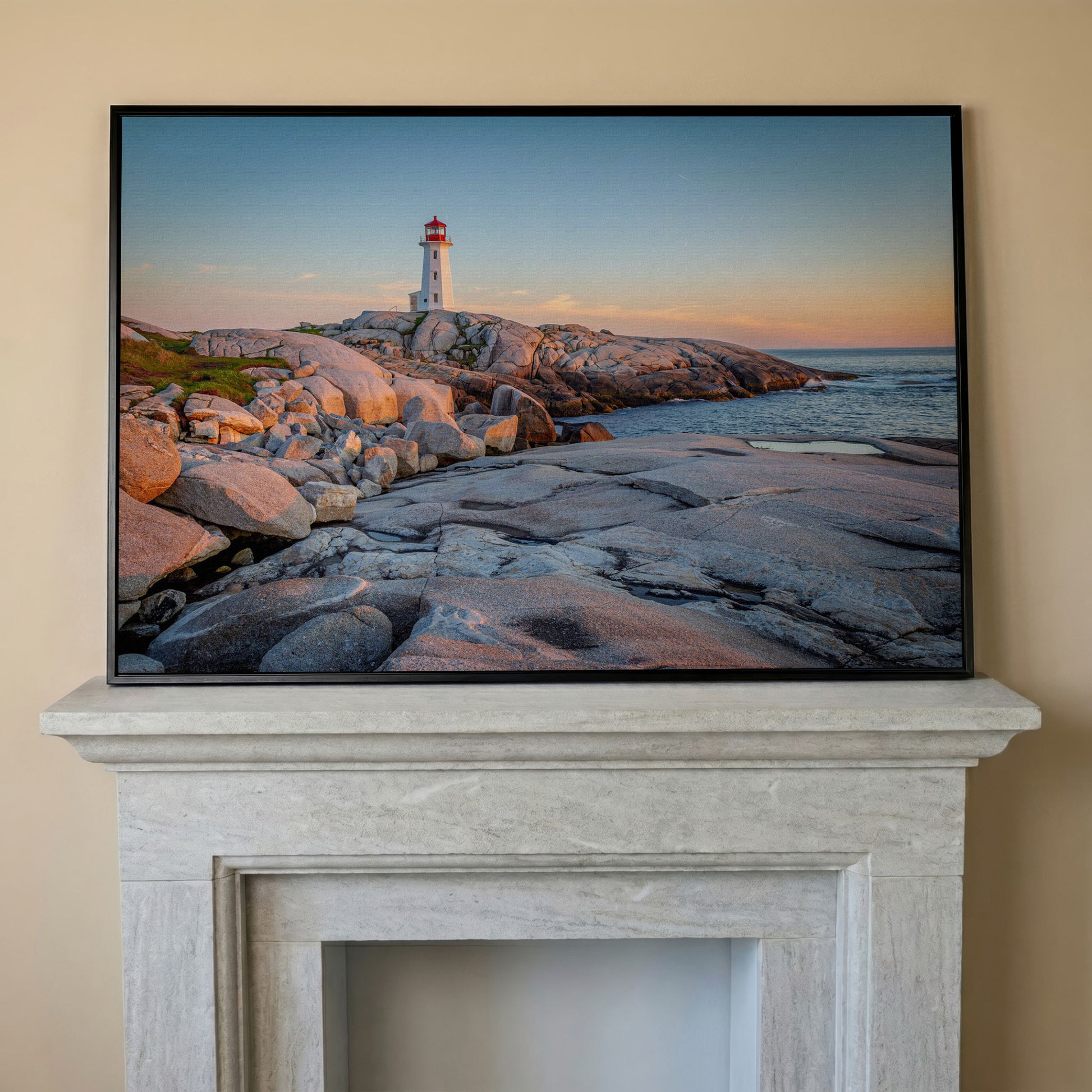 Peggy's Cove Lighthouse Canvas in black floating frame