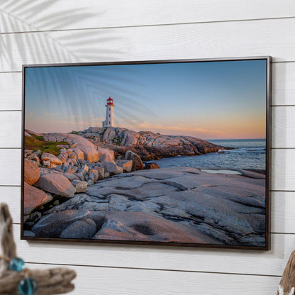 Peggy's Cove Lighthouse Canvas in dark walnut floating frame