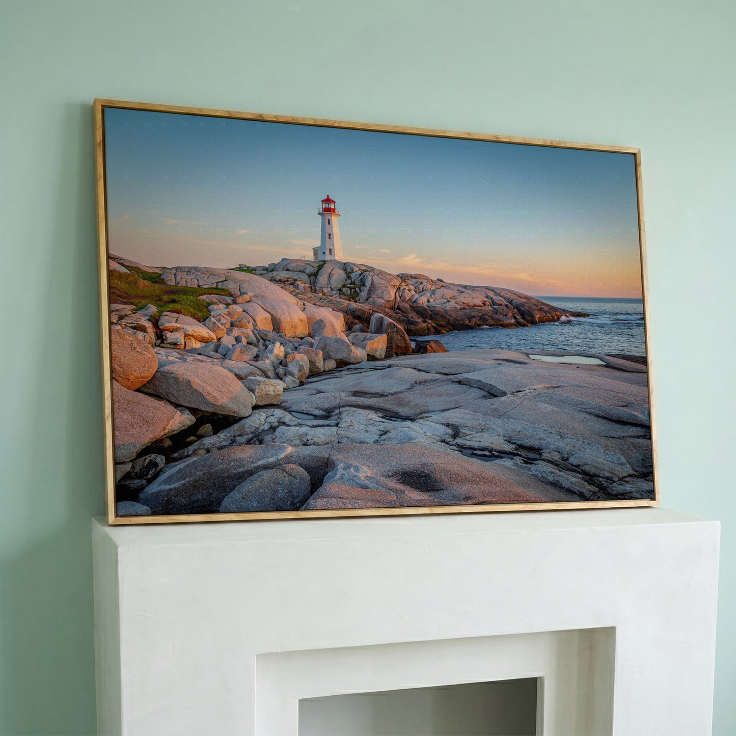 Peggy's Cove Lighthouse Canvas in white oak floating frame