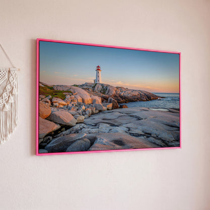 Peggy's Cove Lighthouse Canvas in pink floating frame