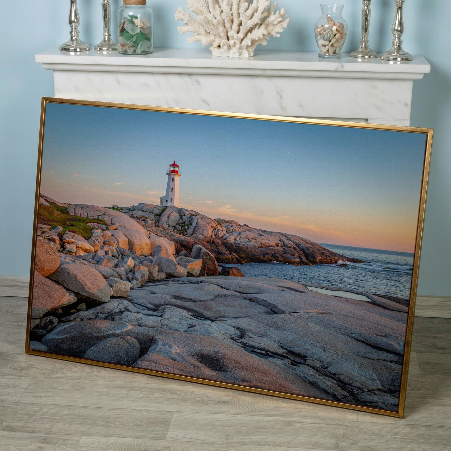 Peggy's Cove Lighthouse Canvas in rose gold floating frame