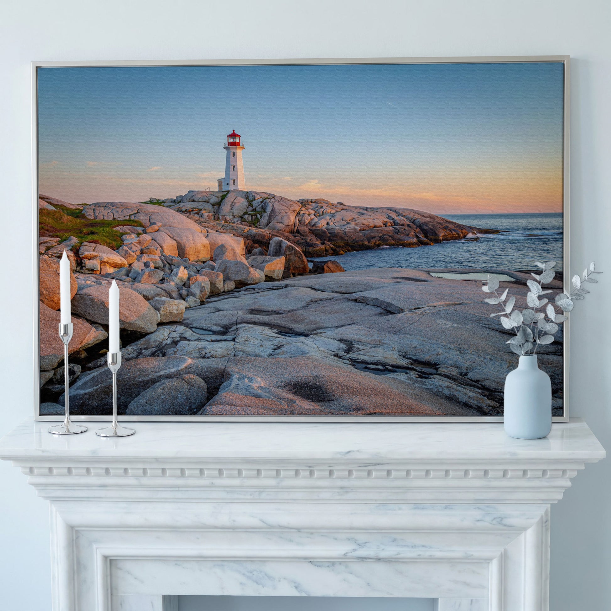 Peggy's Cove Lighthouse Canvas in silver floating frame