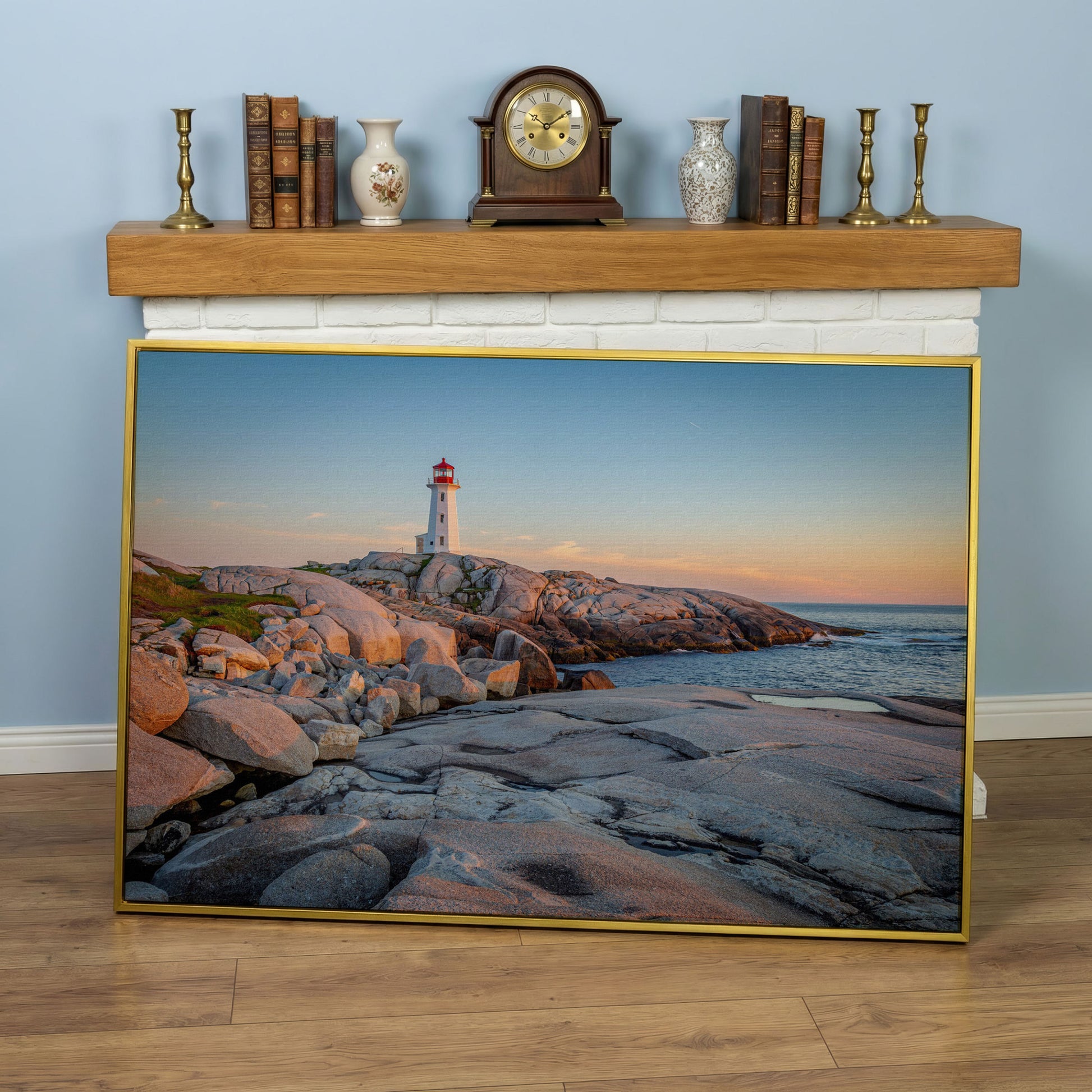 Peggy's Cove Lighthouse Canvas in yellow gold floating frame