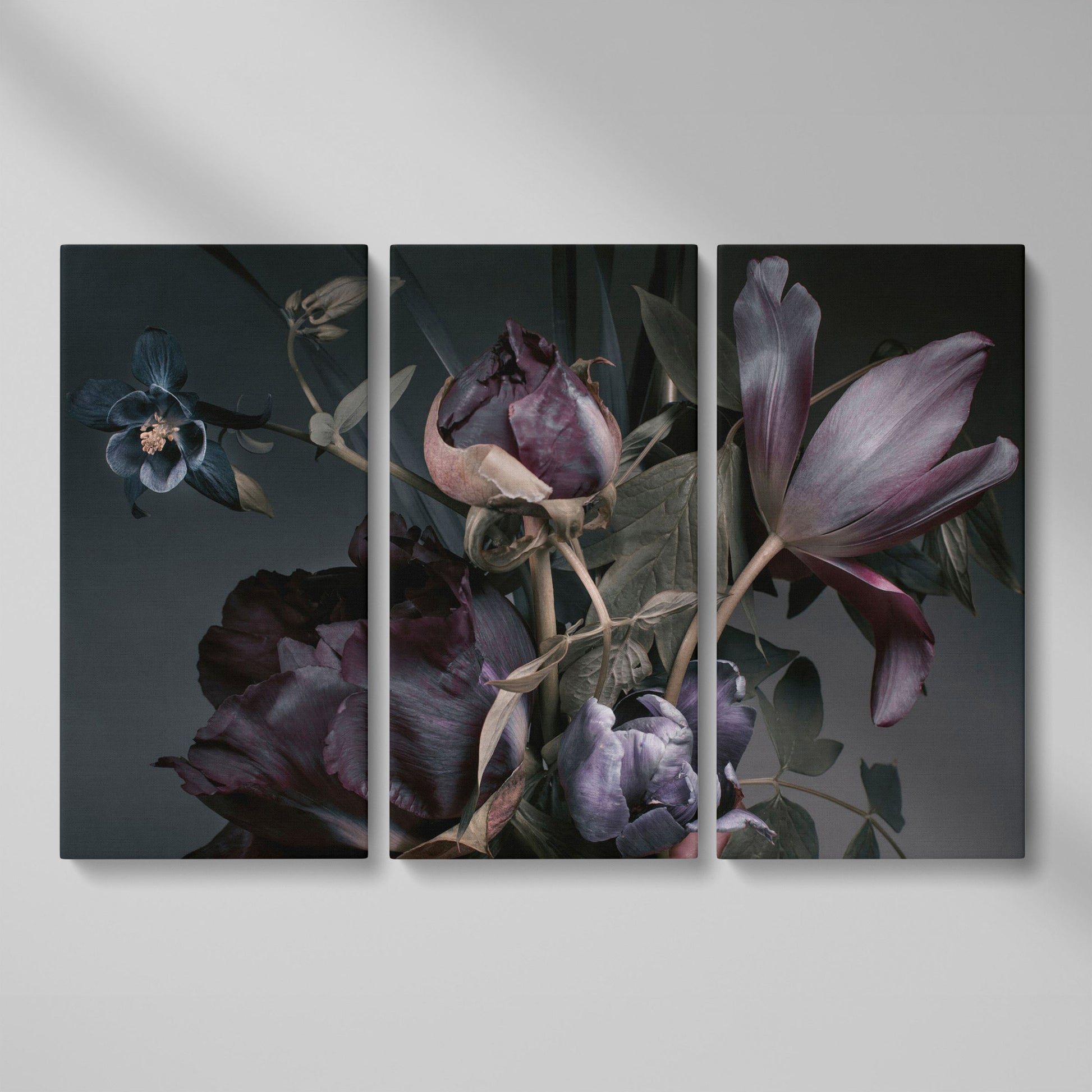 Purple Peonies Vintage Floral Canvas as 3-panel split version