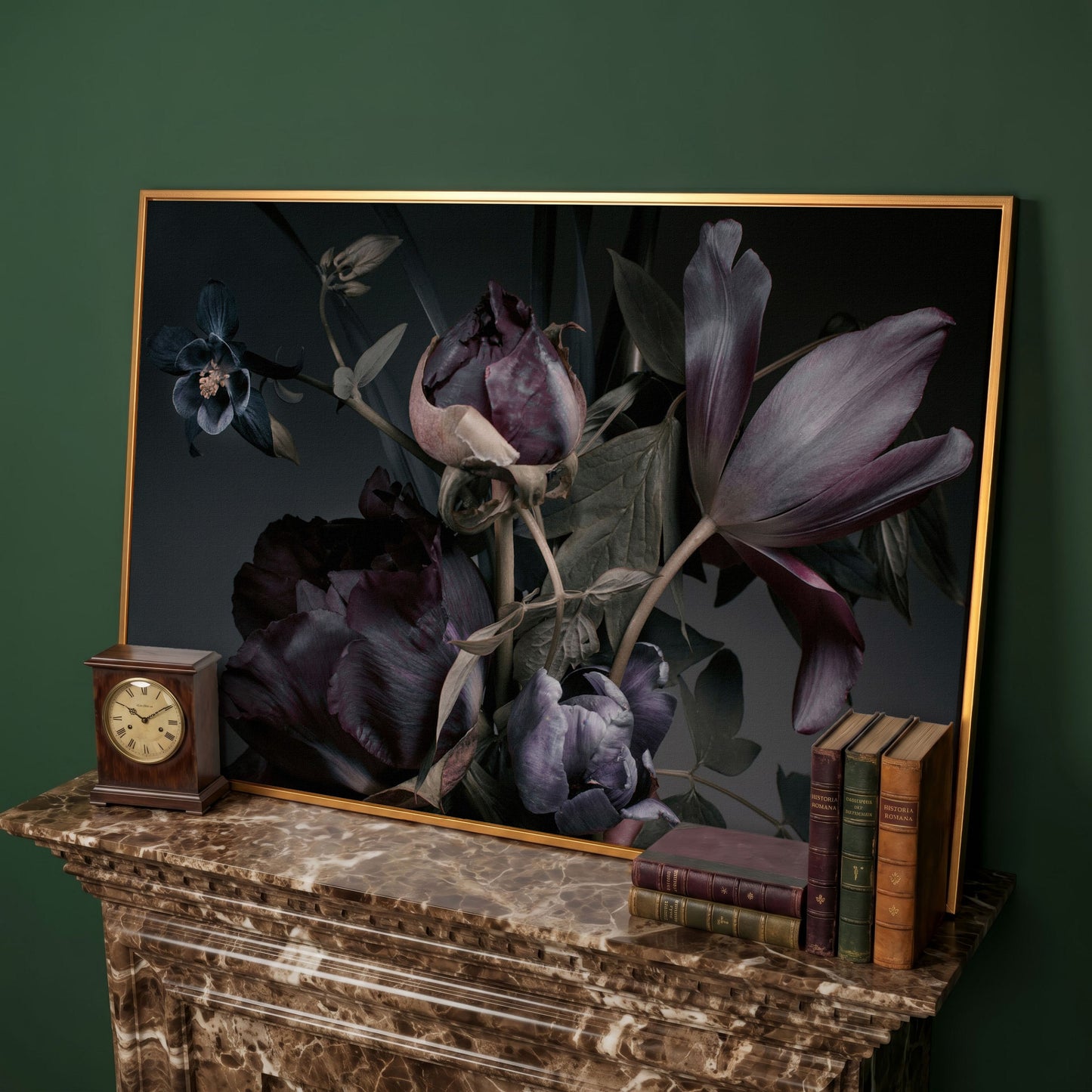 Purple Peonies Vintage Floral Canvas in antique gold floating frame