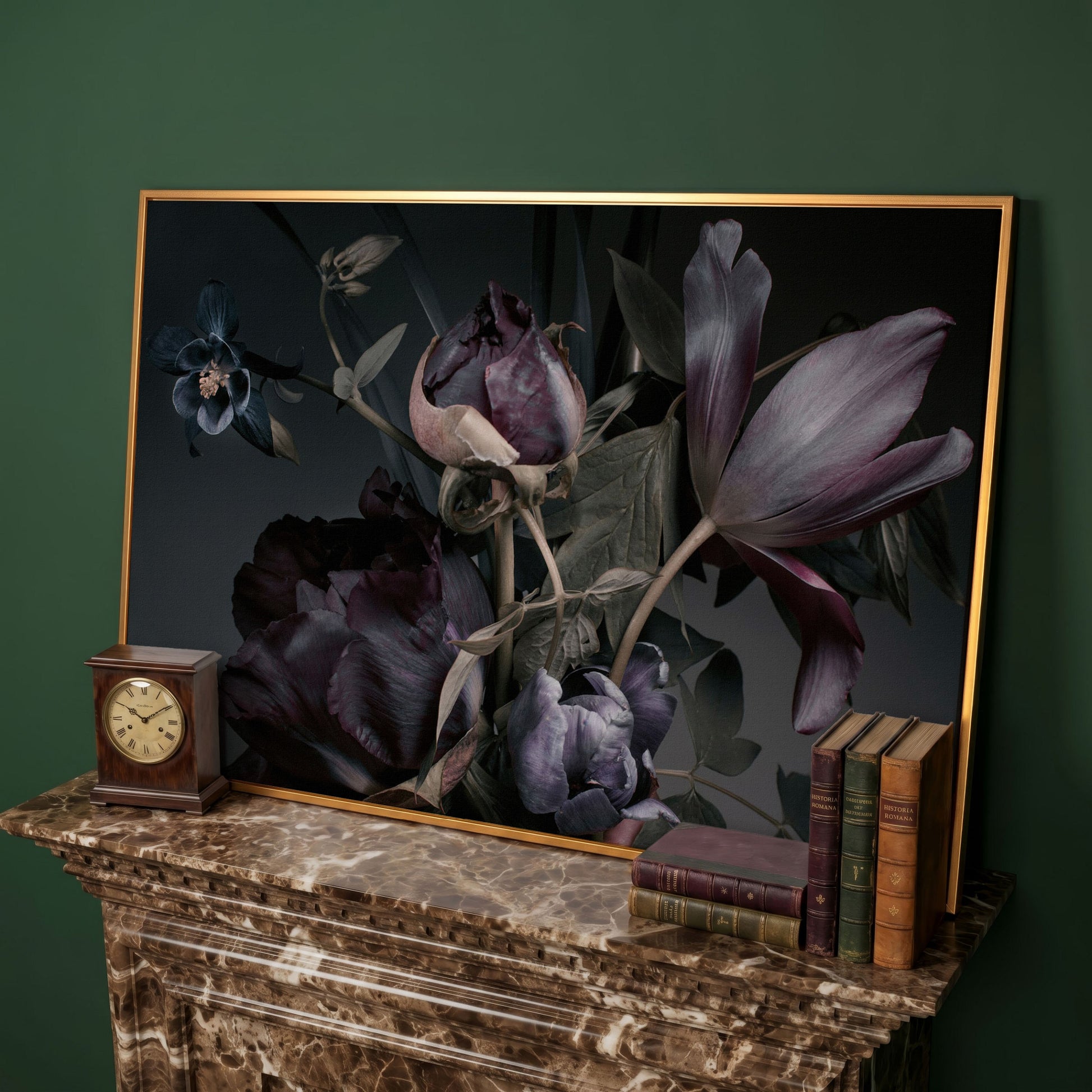 Purple Peonies Vintage Floral Canvas in antique gold floating frame
