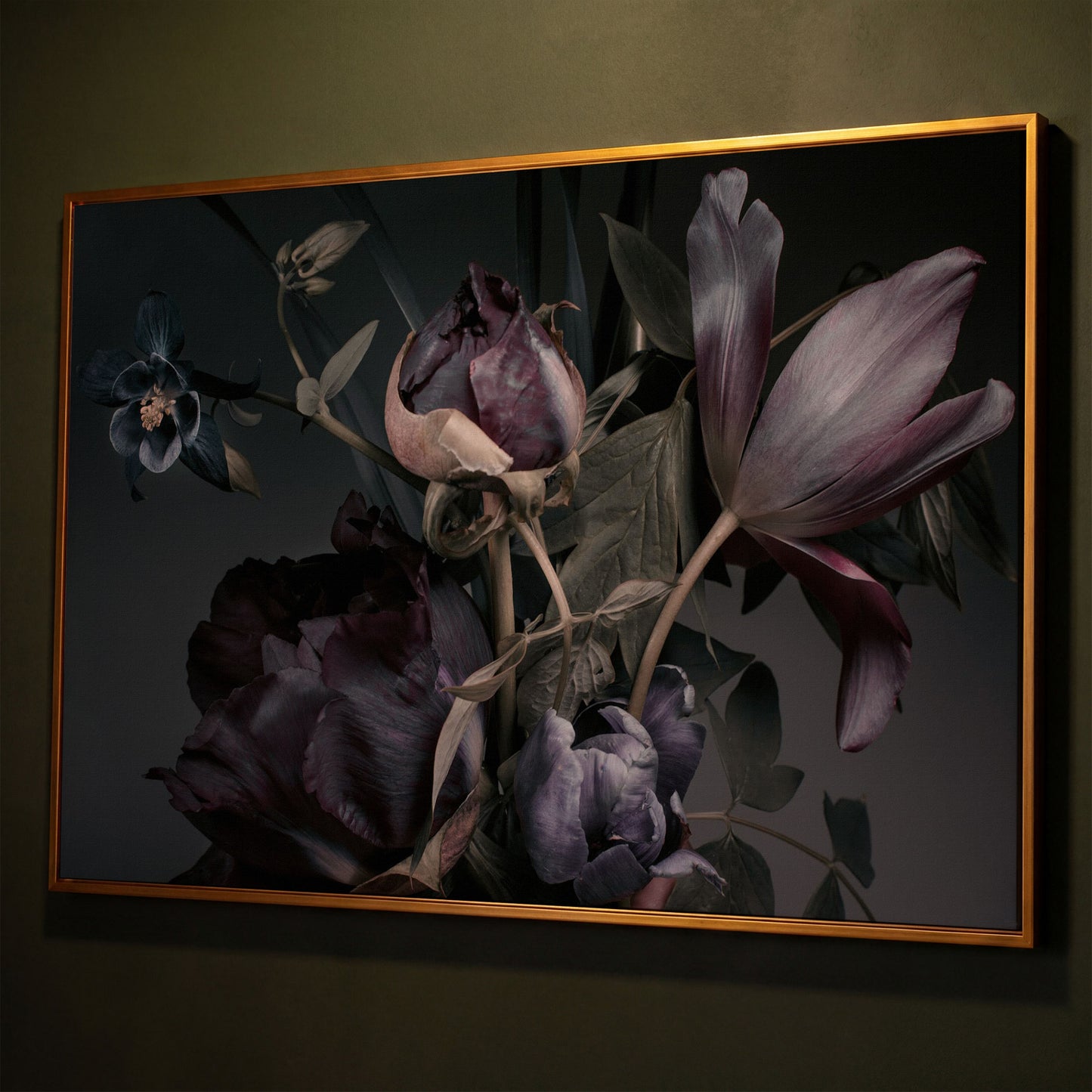 Purple Peonies Vintage Floral Canvas shown in antique gold floating frame