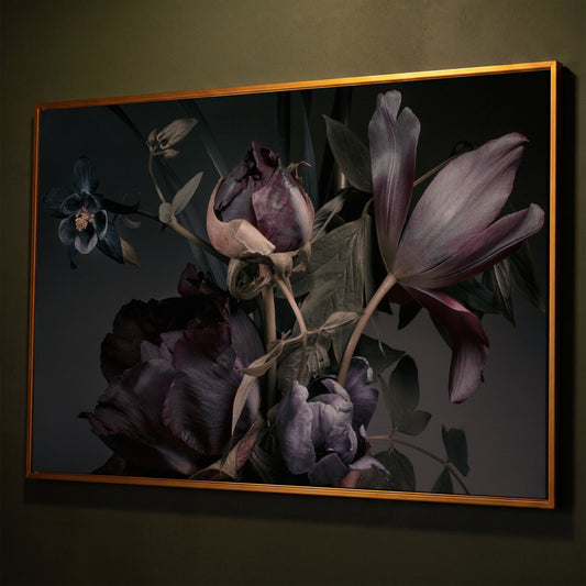 Purple Peonies Vintage Floral Canvas shown in antique gold floating frame