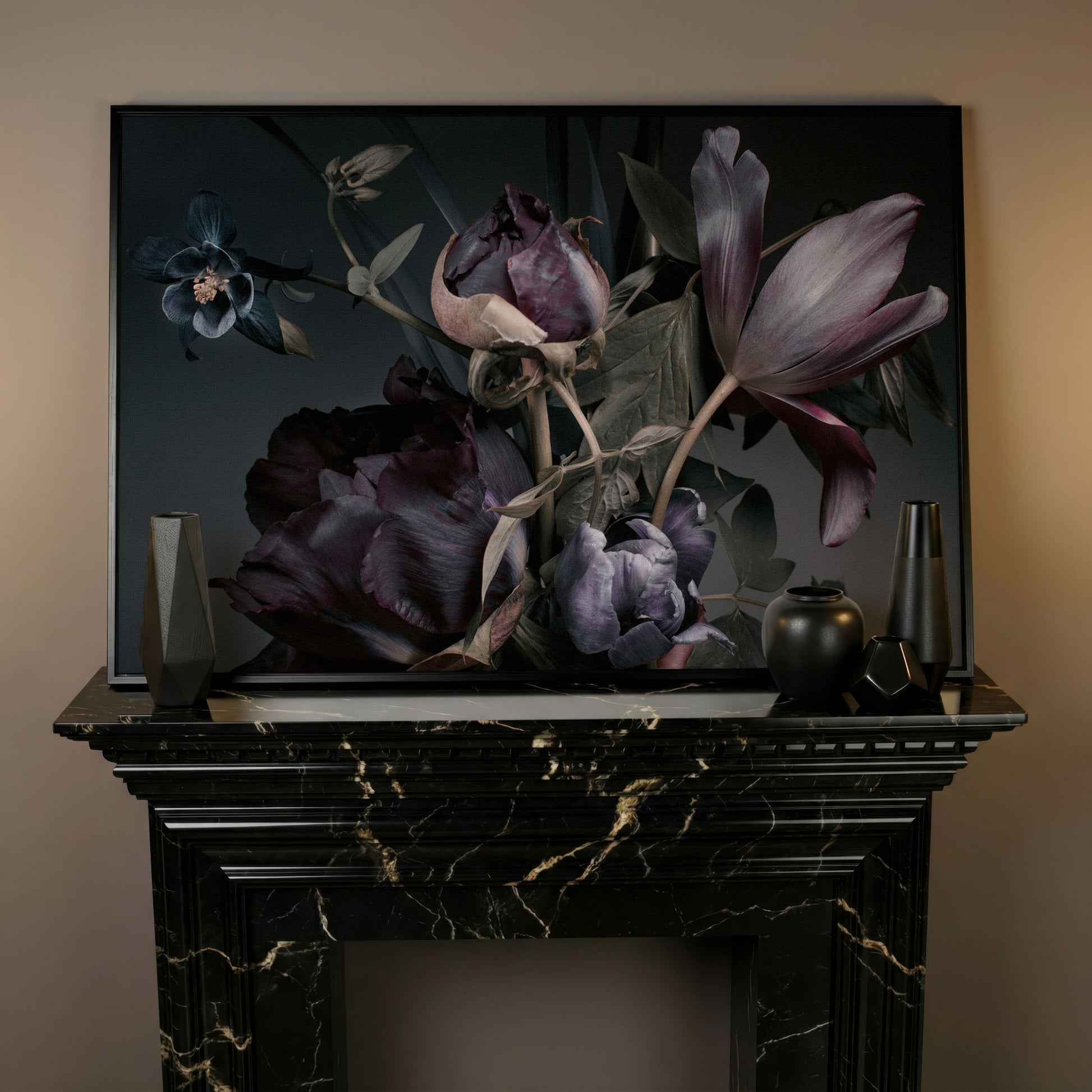 Purple Peonies Vintage Floral Canvas in black floating frame
