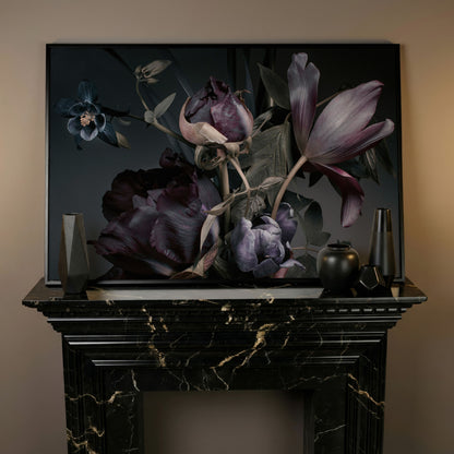 Purple Peonies Vintage Floral Canvas in black floating frame