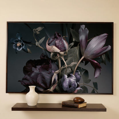 Purple Peonies Vintage Floral Canvas in dark walnut floating frame