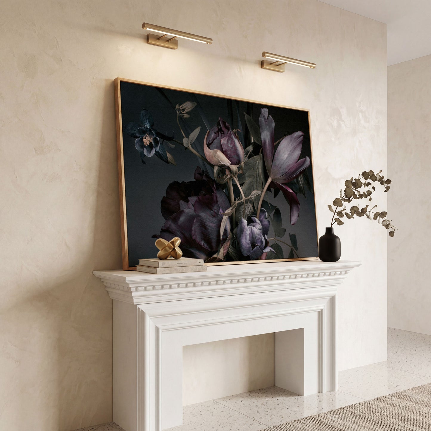 Purple Peonies Vintage Floral Canvas in white oak floating frame