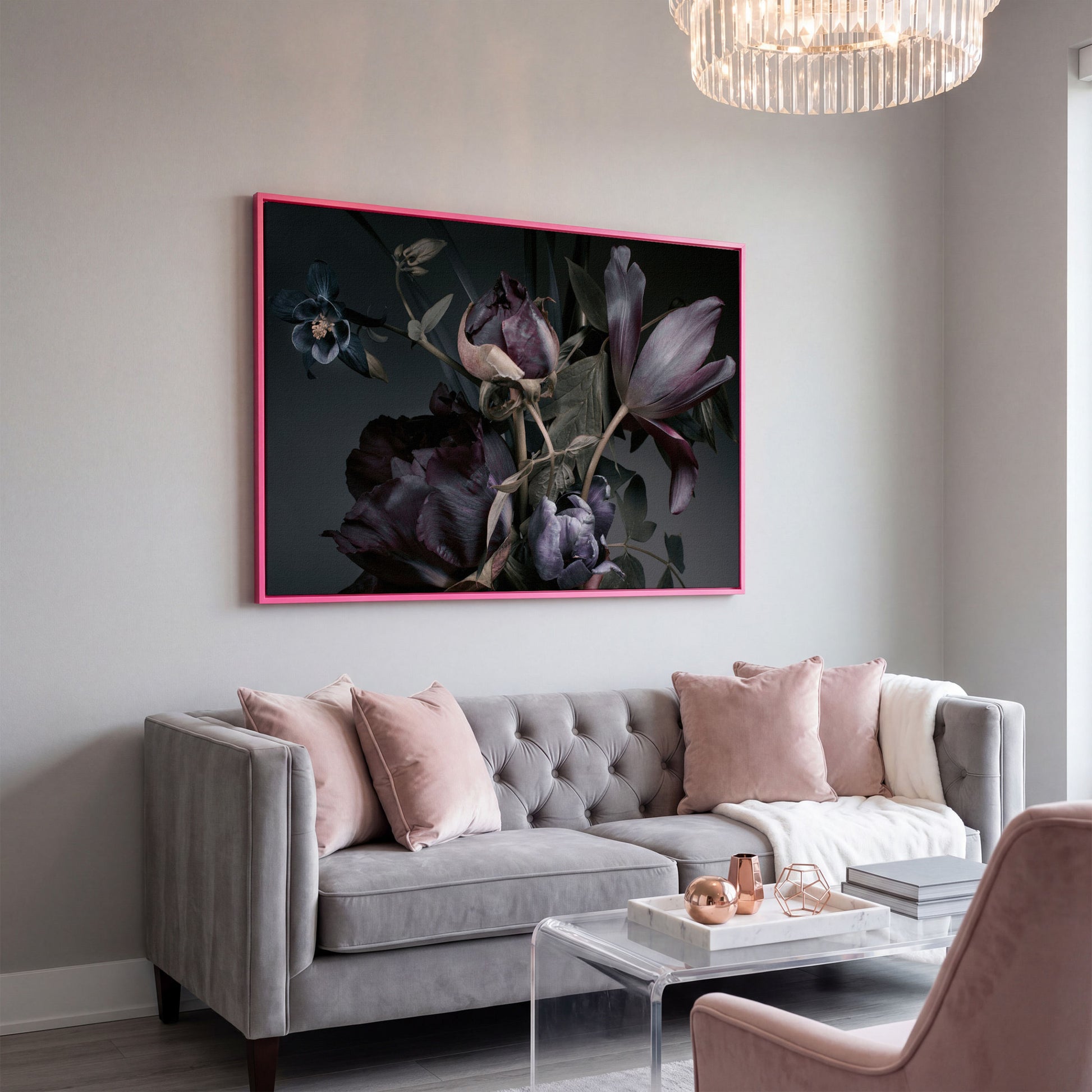Purple Peonies Vintage Floral Canvas in pink floating frame
