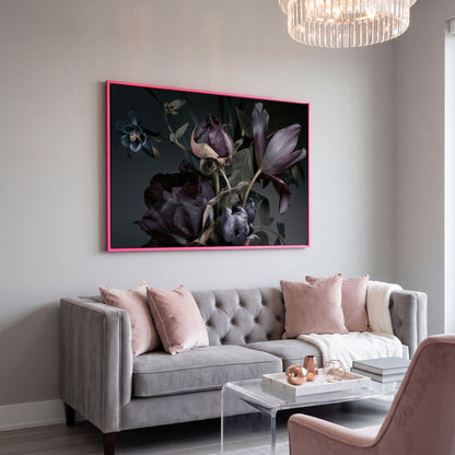 Purple Peonies Vintage Floral Canvas in pink floating frame