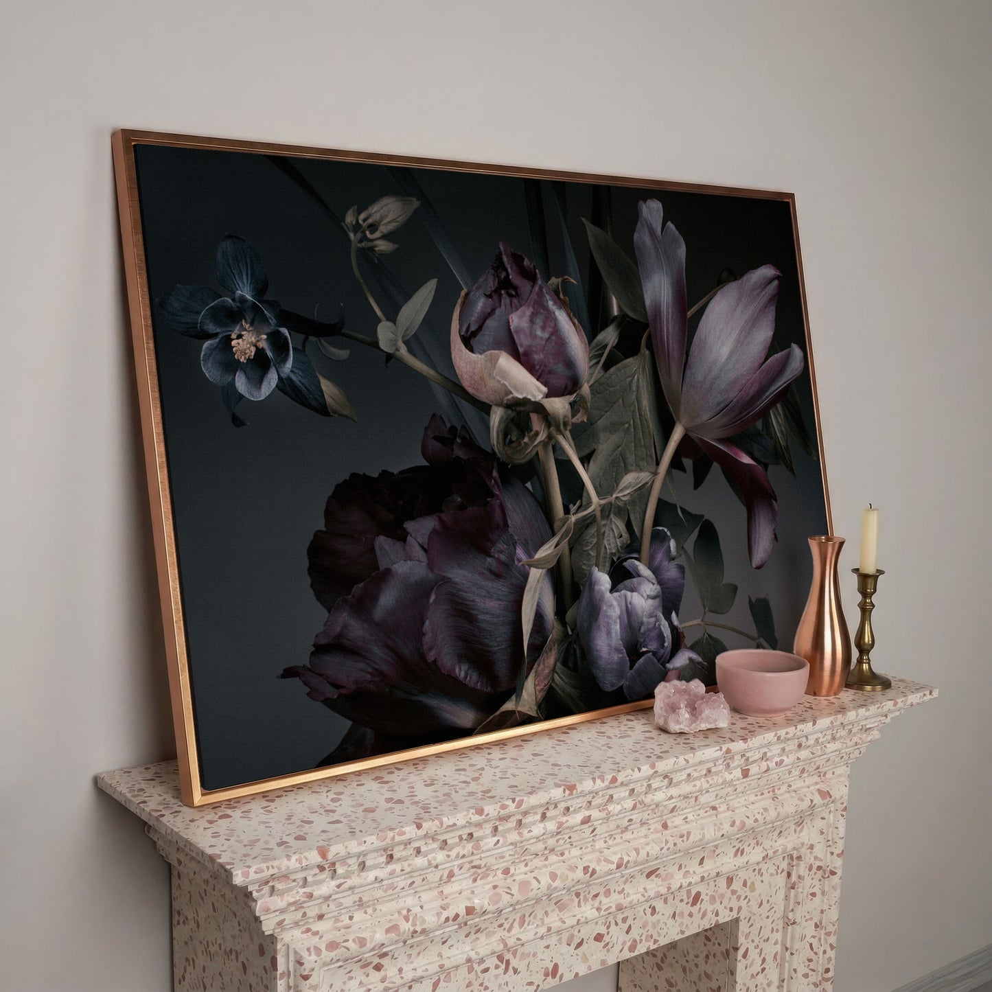 Purple Peonies Vintage Floral Canvas in rose gold floating frame