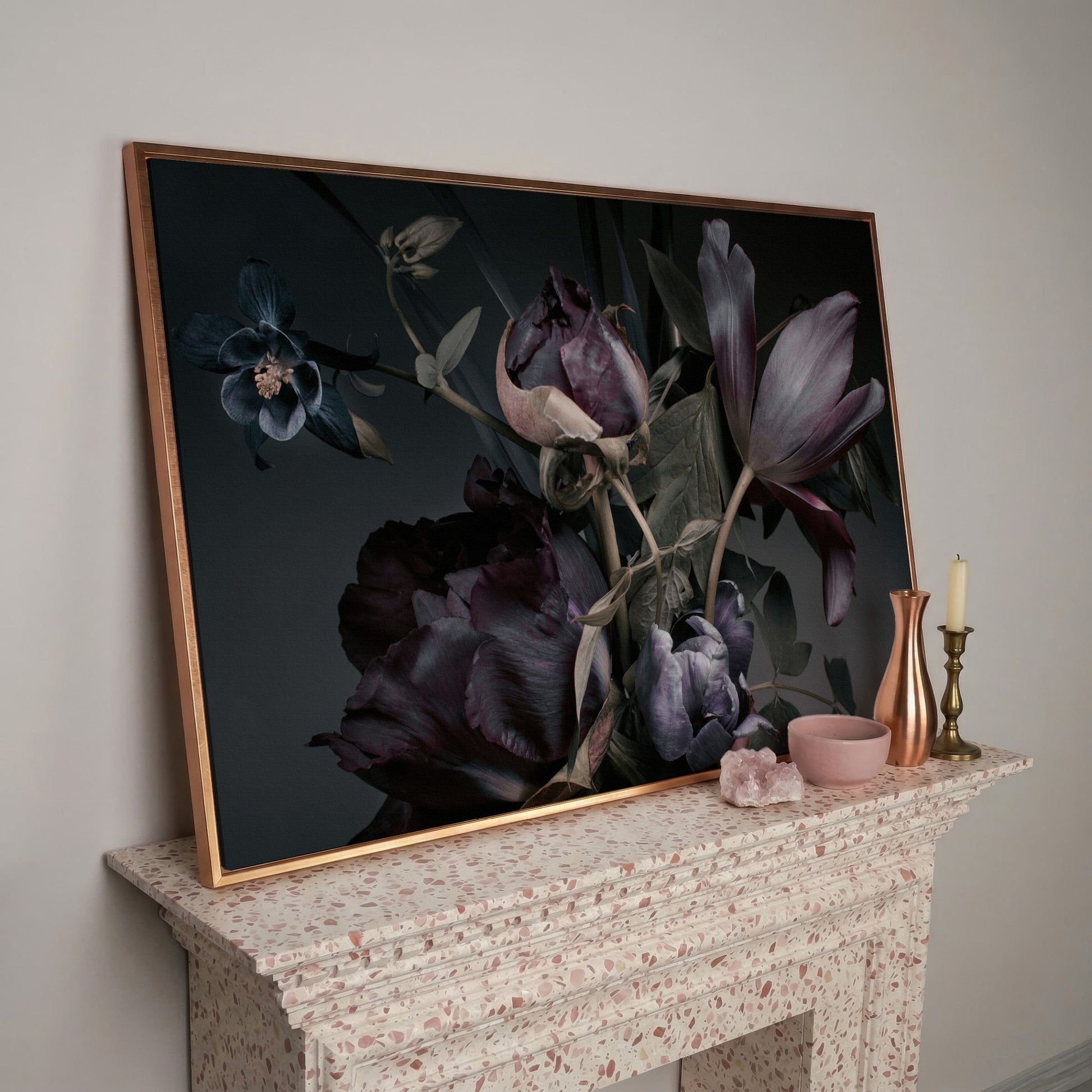 Purple Peonies Vintage Floral Canvas in rose gold floating frame