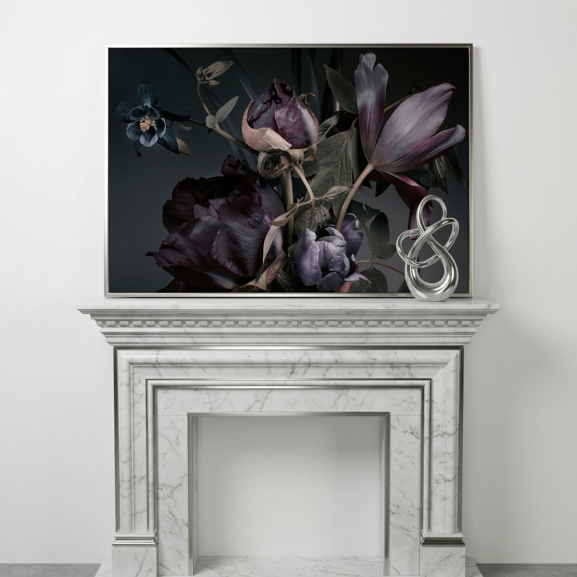 Purple Peonies Vintage Floral Canvas in silver floating frame