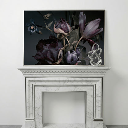 Purple Peonies Vintage Floral Canvas in silver floating frame