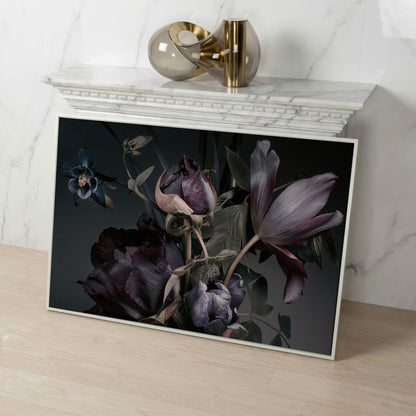 Purple Peonies Vintage Floral Canvas in white floating frame