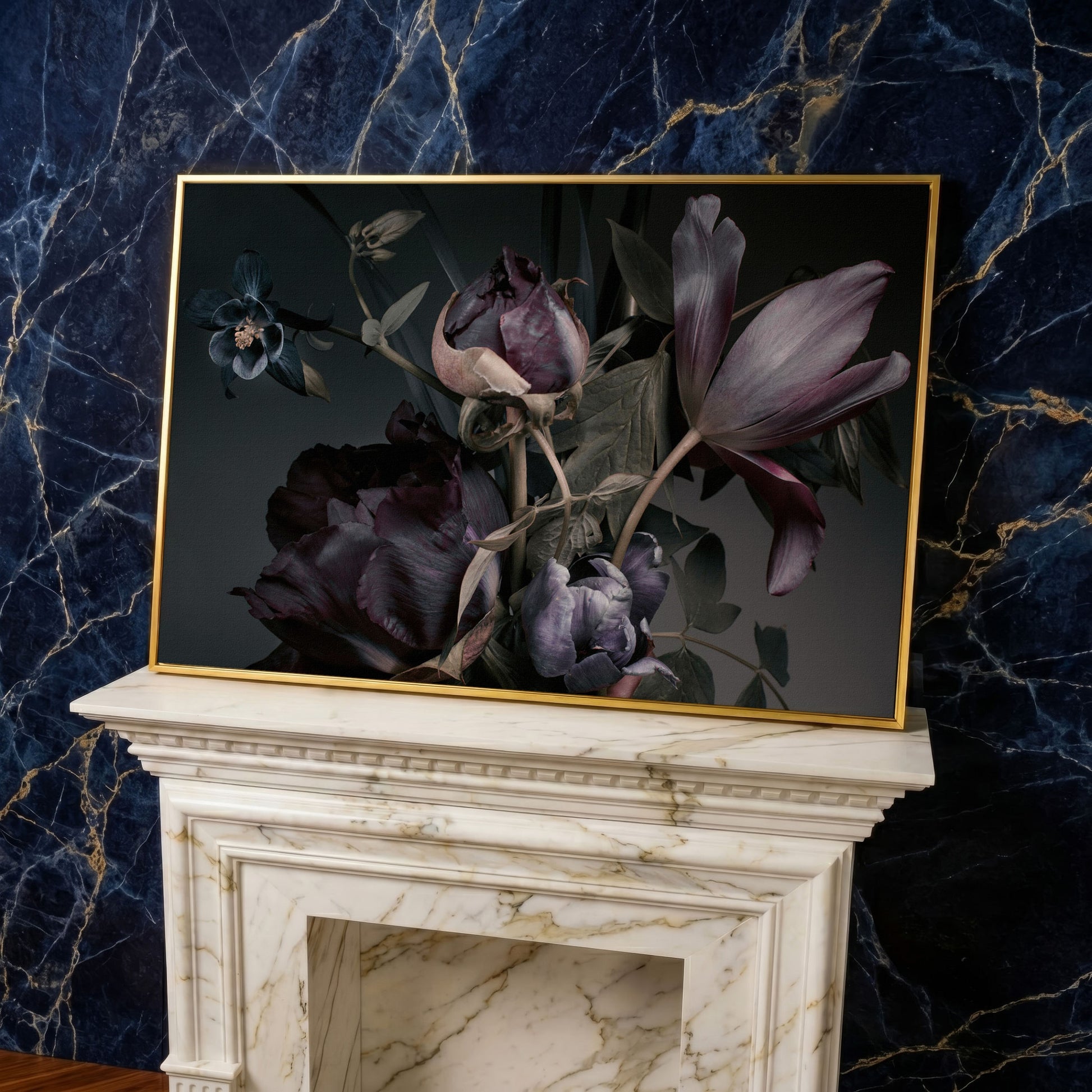 Purple Peonies Vintage Floral Canvas in yellow gold floating frame