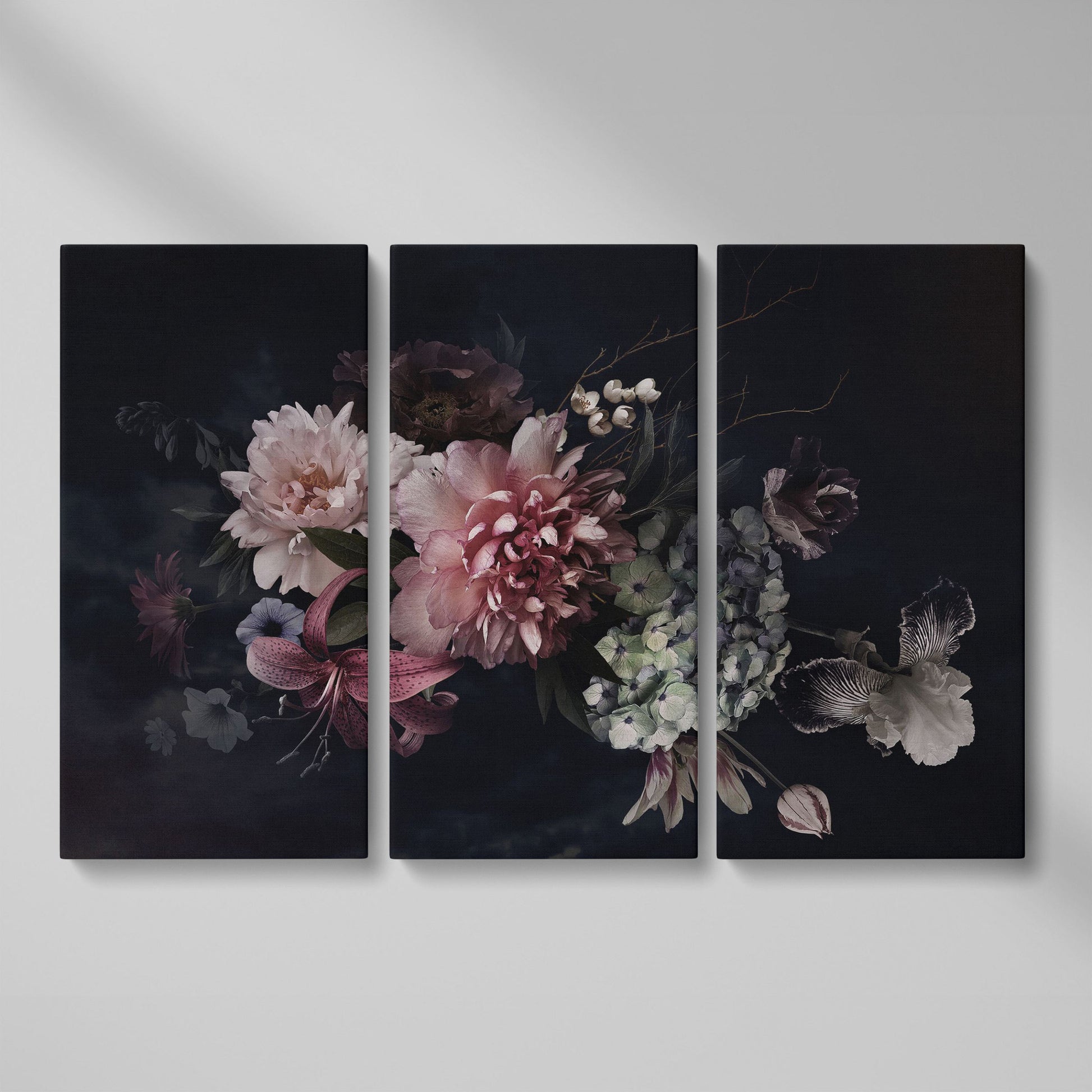 Dark Peony Bouquet Canvas Print as 3-panel split version