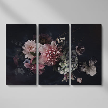 Dark Peony Bouquet Canvas Print as 3-panel split version