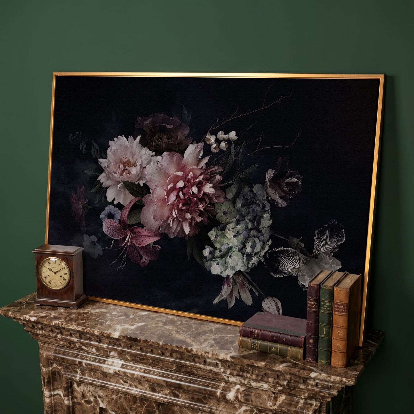 Dark Peony Bouquet Canvas Print in antique gold floating frame