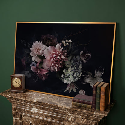 Dark Peony Bouquet Canvas Print in antique gold floating frame