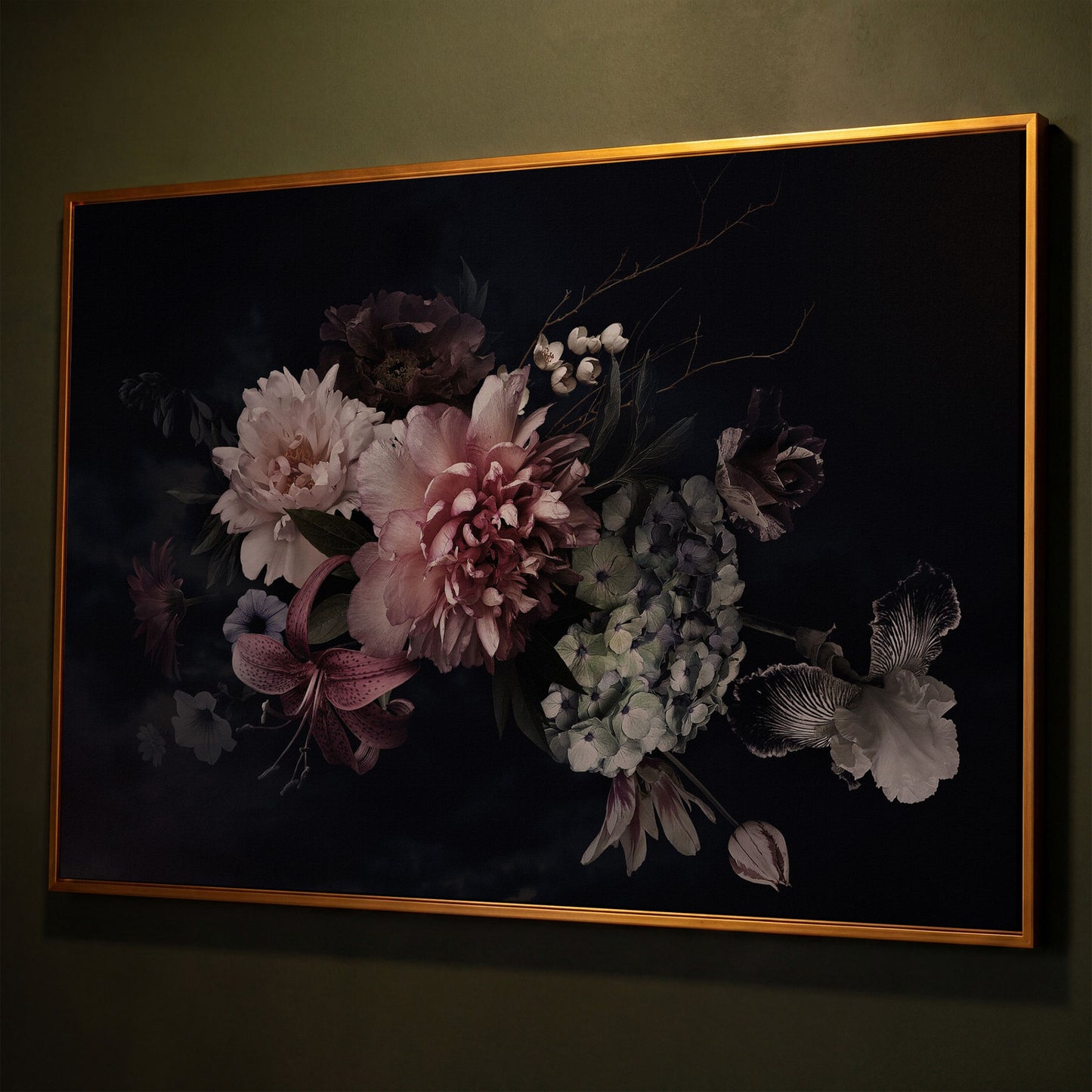 Dark Peony Bouquet Canvas Print shown in antique gold floating frame