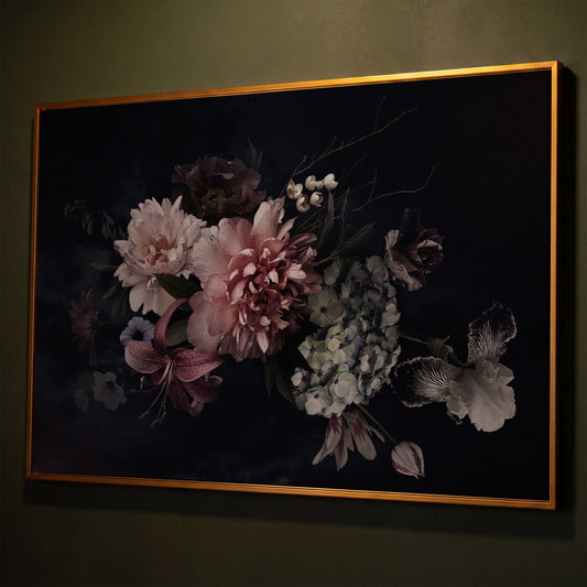 Dark Peony Bouquet Canvas Print shown in antique gold floating frame