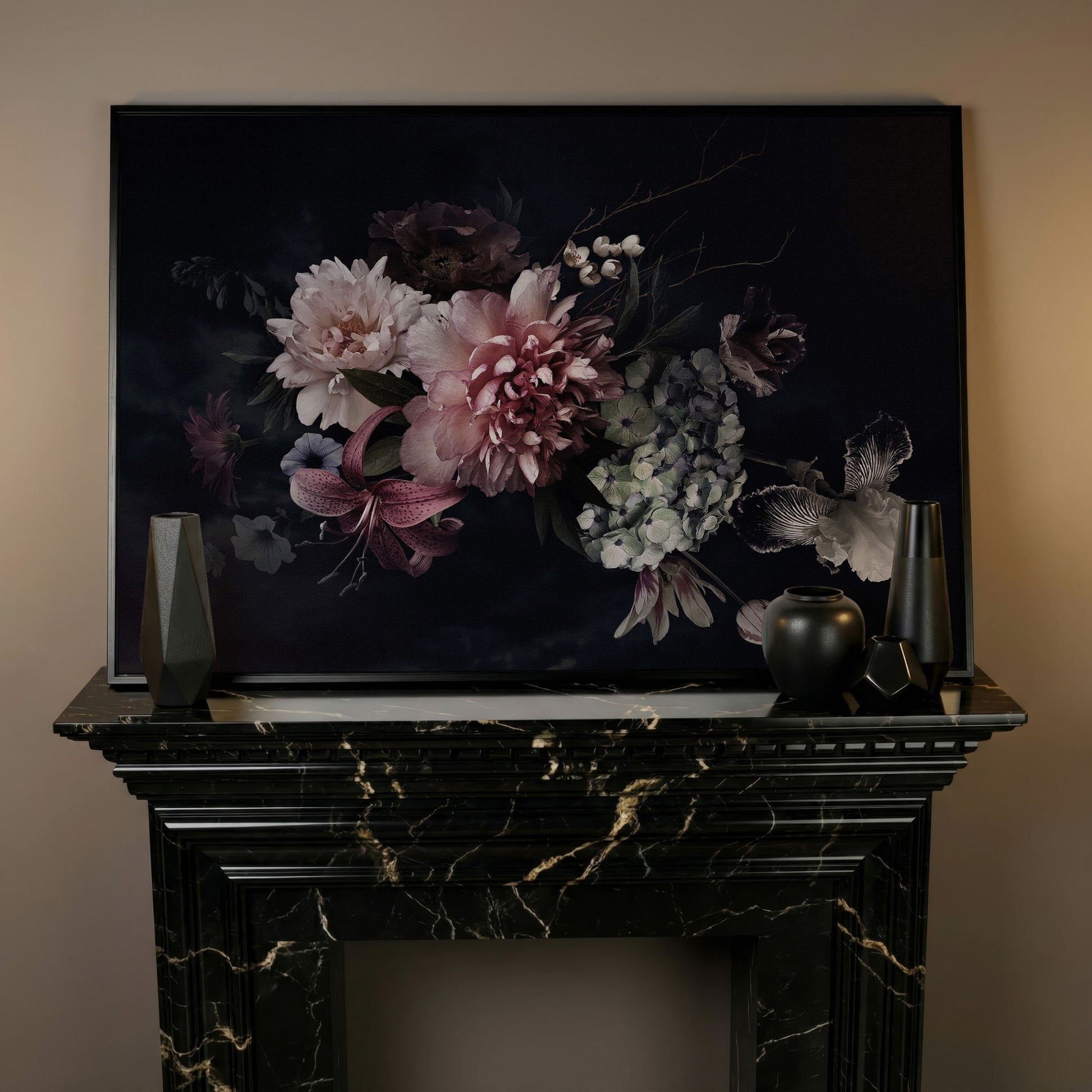 Dark Peony Bouquet Canvas Print in black floating frame