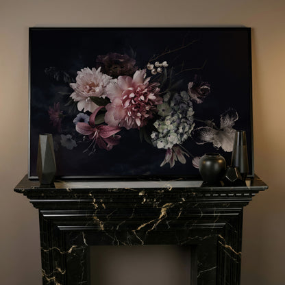 Dark Peony Bouquet Canvas Print in black floating frame