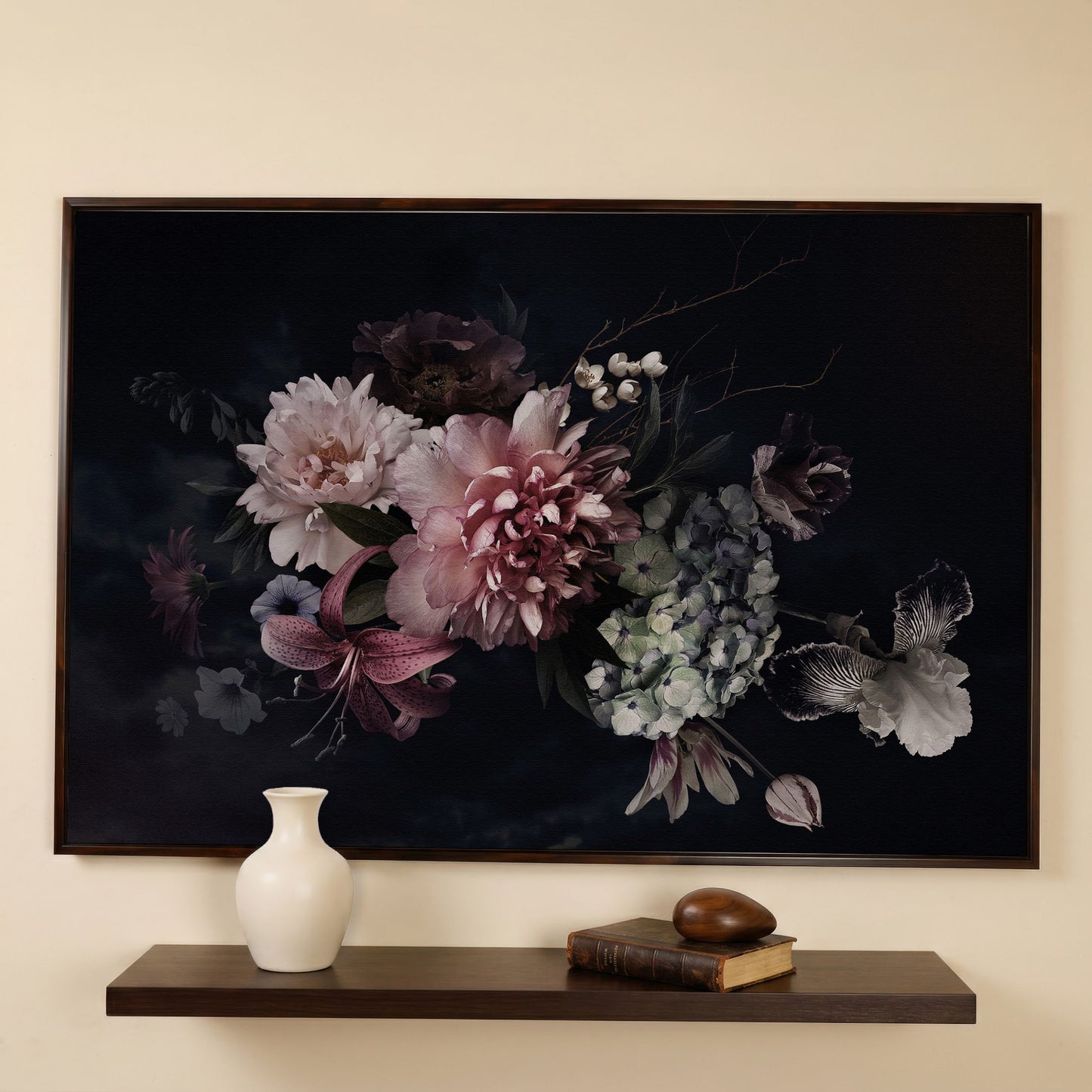 Dark Peony Bouquet Canvas Print in dark walnut floating frame