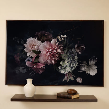 Dark Peony Bouquet Canvas Print in dark walnut floating frame
