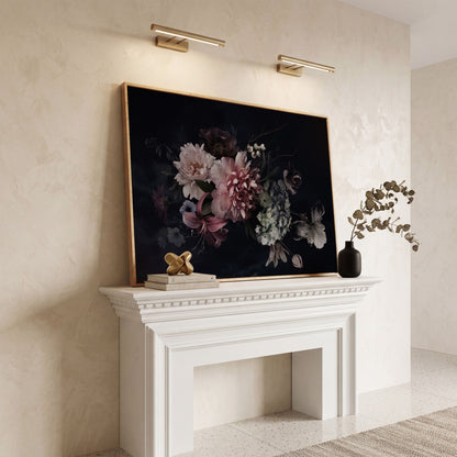 Dark Peony Bouquet Canvas Print in white oak floating frame