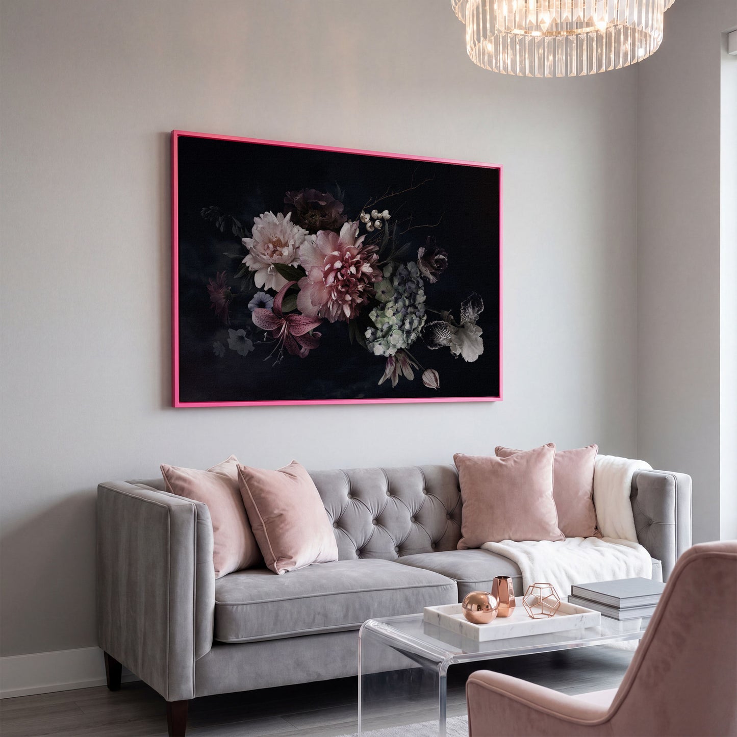 Dark Peony Bouquet Canvas Print in pink floating frame