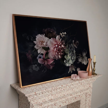 Dark Peony Bouquet Canvas Print in rose gold floating frame