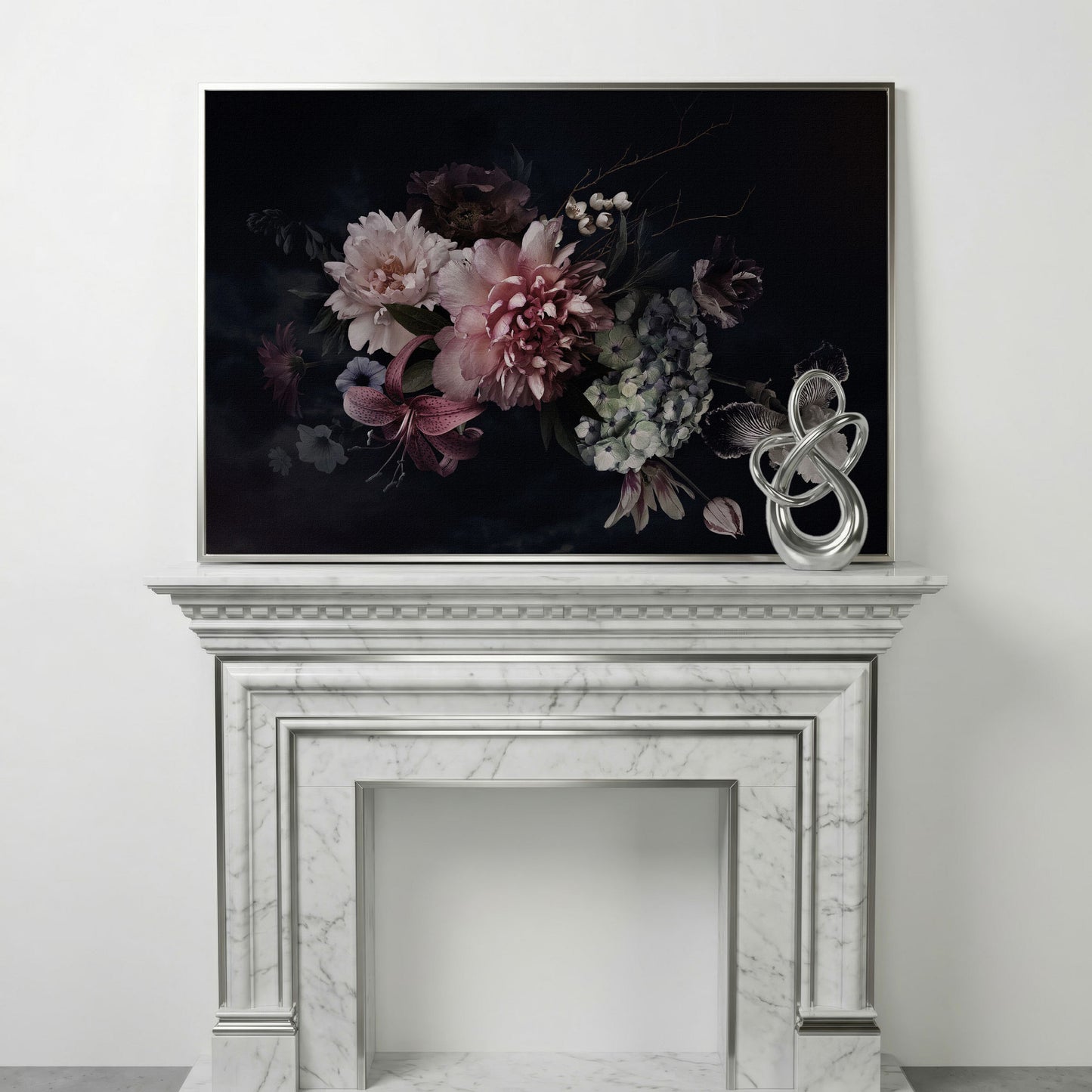 Dark Peony Bouquet Canvas Print in silver floating frame