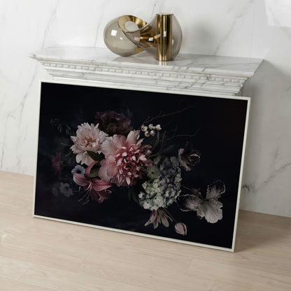 Dark Peony Bouquet Canvas Print in white floating frame