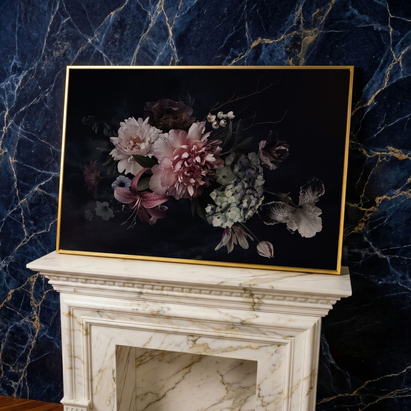 Dark Peony Bouquet Canvas Print in yellow gold floating frame